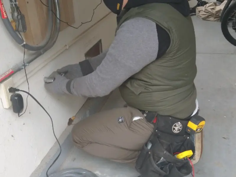Electrician performing outlet wiring in a Hackettstown garage